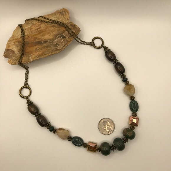 Gemstone Necklace Bohemian Necklace Agate Stone Wood Crystal Necklace Handmade - Picture 4 of 11